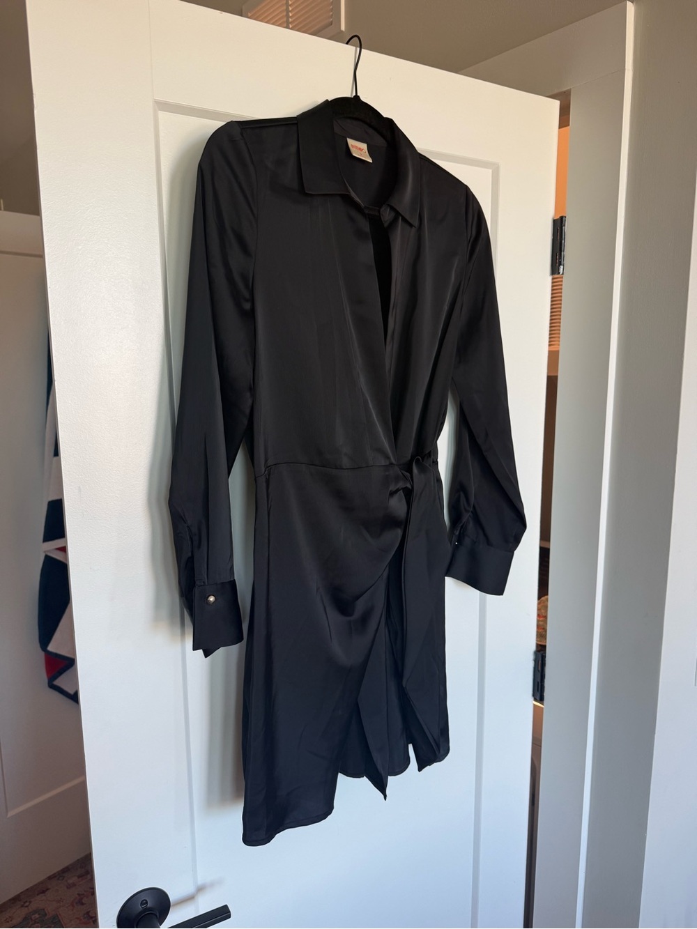 Black Long-Sleeve Wrap Shirt Dress with Tie Waist - Picture 2 of 2